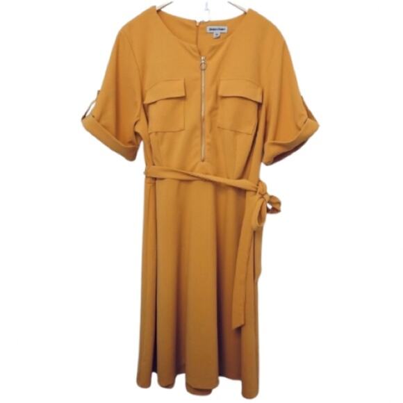 Shelby and Palmer Mustard Yellow Fit and Flare Tie Waist Zip Half Sleeve Dress - Picture 1 of 12